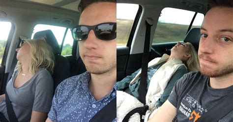 Husband Takes Selfies Of His Wife Sleeping During Every Road Trip Hilarity Ensues