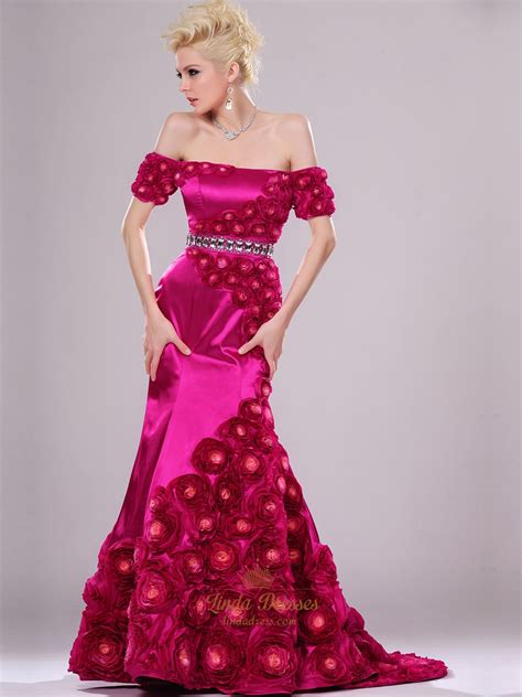 Hot Pink Mermaid Off The Shoulder Prom Dresses With