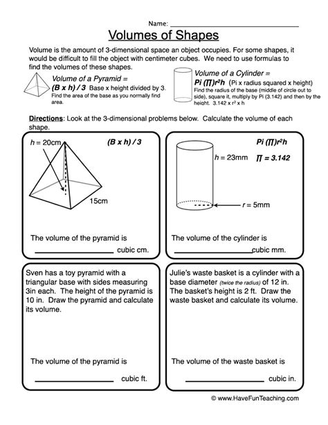 Geometry Volume Worksheet Answers