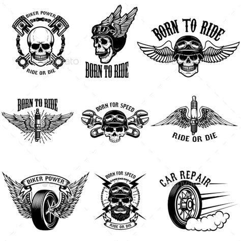 Set Of Biker Emblems On White Background Vectors Graphicriver