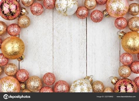 Christmas Frame Rose Gold Golden Ornaments Rustic White Wood Background