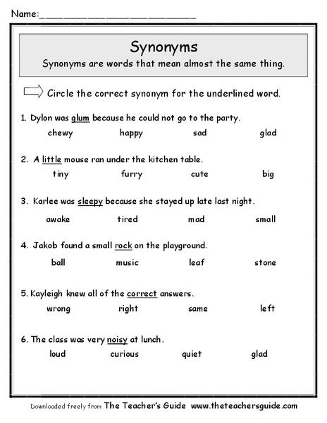 Synonyms Worksheet For 2nd 4th Grade Lesson Planet