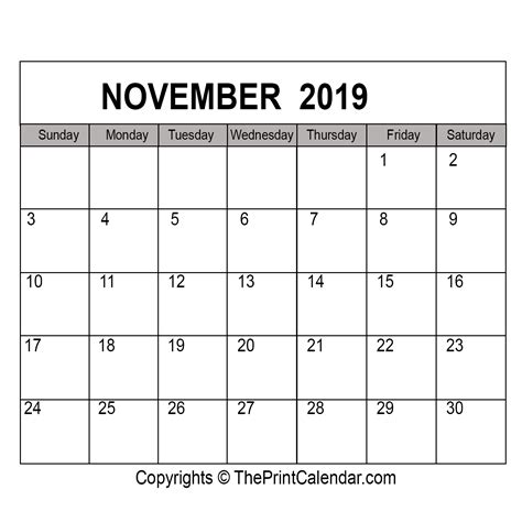 November 2019 Printable Calendar Template Pdf Word And Excel