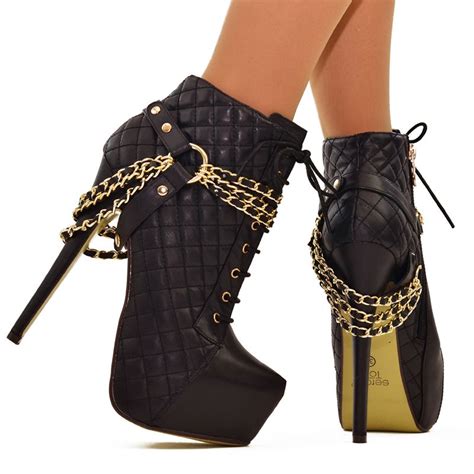 Black Gold Chain Padded Lace Up Stiletto High Heel Platform Ankle Boots