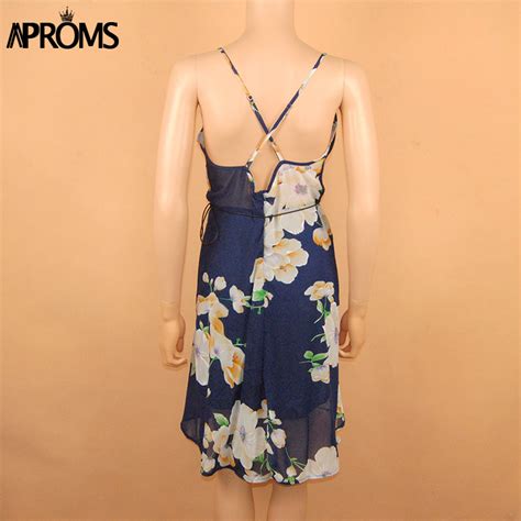 Aproms Elegant Boho Summer Women Chiffon Dress Sexy V Neck Backless Floral Print Party Dresses