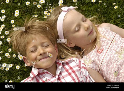 Meadow Boy Girl Lie Rest Portrait Children Friends Siblings Two