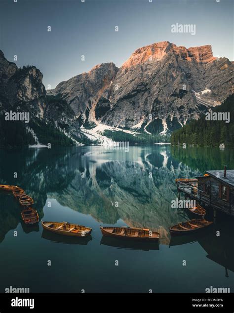 Boats On The Braies Lake Pragser Wildsee In Dolomites Mountains