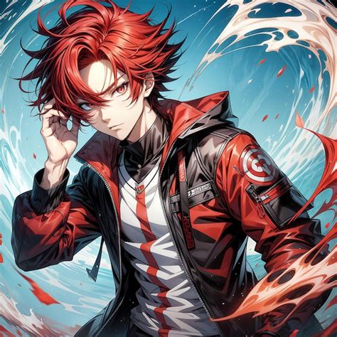 Premium Ai Image An Anime Boy With Red Hair And Blue Eyes And An