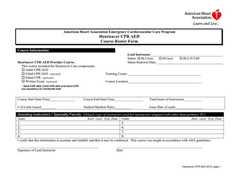 Heartsaver Cpr Aed Course Roster Form