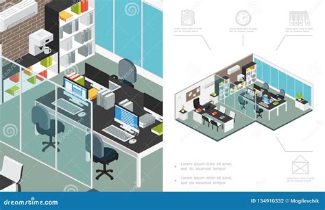 Isometric Office Workspace Concept Stock Vector Illustration Of Clock