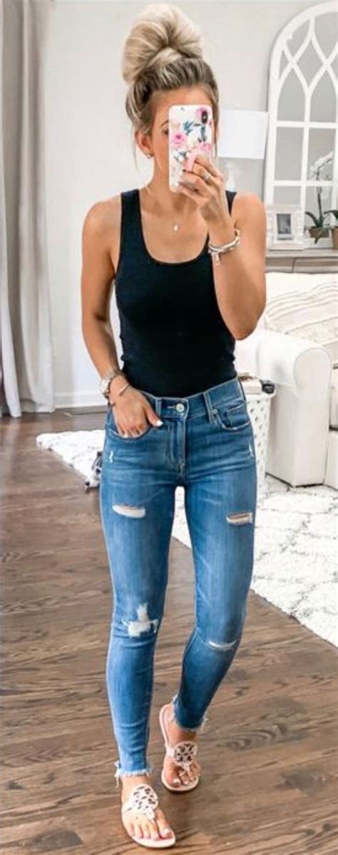 Black Tank Top And Distressed Blue Denim Fitted Jeans Summer Outfits
