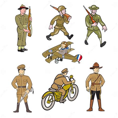 Juego De Caricaturas De Un Soldado De La Guerra Mundial Stock De