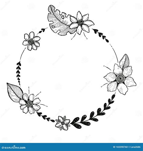 Black And White Vector Illustration Floral Design Circle Frame For