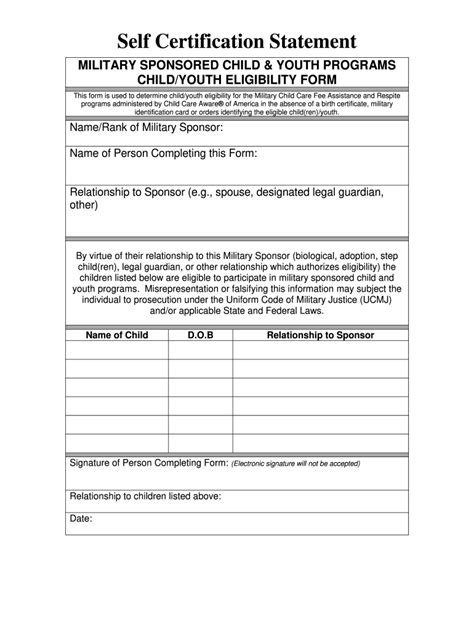 Self Certification Form Child Care Aware Of America Fill And Sign