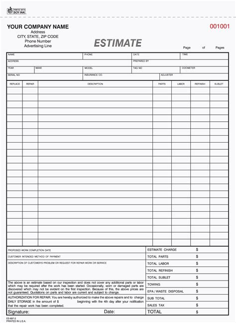 Printable Body Shop Estimate Form 2023 Calendar Printable