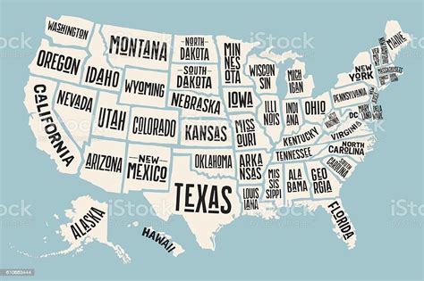 Poster Map United States Of America With State Names Stock Vector Art