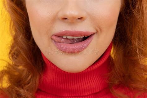 Girl Lower Face Lick Mouth Lip With Tongue Licking Stock Image Image