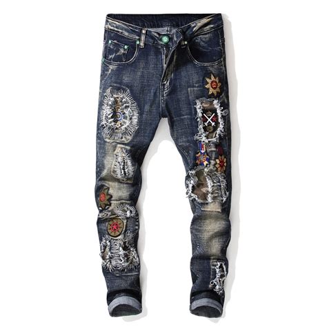 Fashion Designer Heavy Embroidery Patch Hole Jeans Men Straight Blue