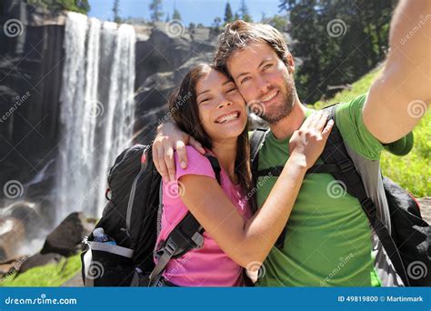 Hikers Couple Taking Selfie At Yosemite Waterfall Stock Photo Image