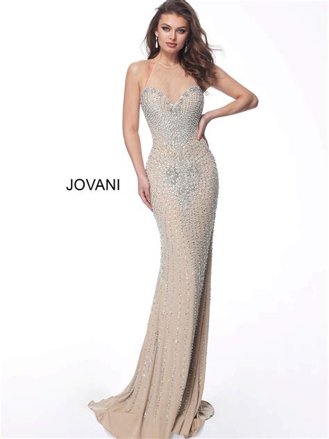 Jovani 63160 Nude Illusion Neck Crystal Evening Dress