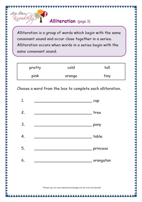 Grade Grammar Topic Alliteration Worksheets Lets Share Knowledge