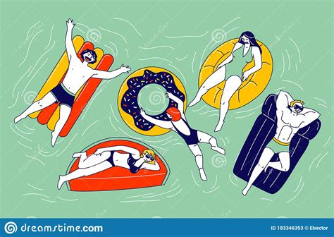 Male And Female Characters Swimming On Inflatable Mattresses In Ocean Sea Or Swimming Pool