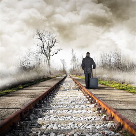 Businessman Walking On Railroad Tracks Stock Image Image Of Rails