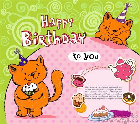 Cartoon Cat Birthday Cards Vector Cat Birthday Card Cat Birthday