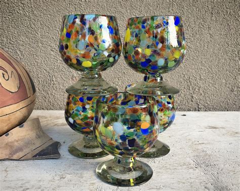 Five Mexican Blown Glass Cordial Glasses Goblets Speckled Glass Hand Blown Southwestern Decor