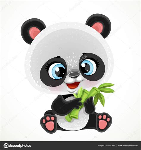 Cute Cartoon Baby Panda Bear Eating Bamboo Isolated White Background
