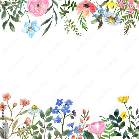 Watercolor Wildflower Border Frame With Blank Space For Text Hand