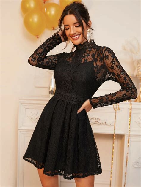 Shein Mock Neck Sheer Lace Overlay Dress Short Lace Dress Lace