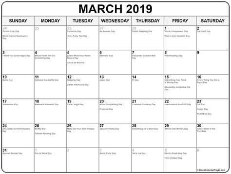 Collection Of March 2019 Calendars With Holidays Qualads