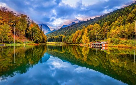 2840765 Lake Mountain Forest Germany Mist Sunset Fall Trees Water
