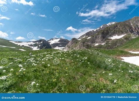 Spring Landscape High Snowy Mountains In Adygea Soft Focus Stock Photo