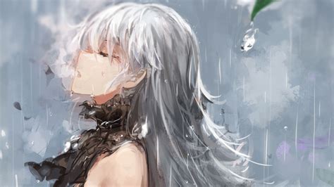 Wallpaper Long Hair Closed Eyes White Hair Black Dress Anime