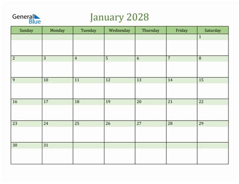 January 2028 Calendars Pdf Word Excel