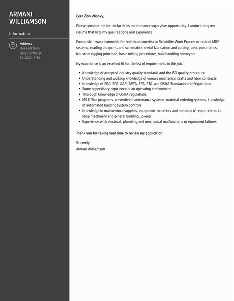 Facilities Maintenance Supervisor Cover Letter | Velvet Jobs