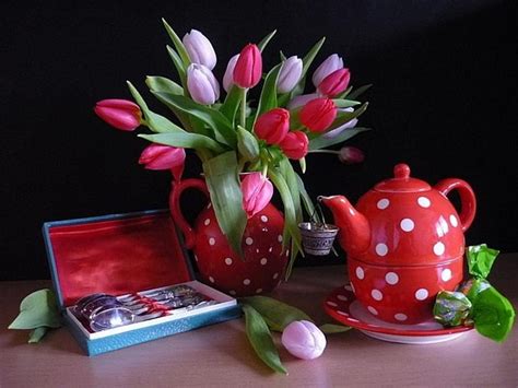 Still Life Tea Cup Flowers Vase Tulips Hd Wallpaper Peakpx