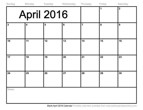Blank April 2016 Calendar To Print