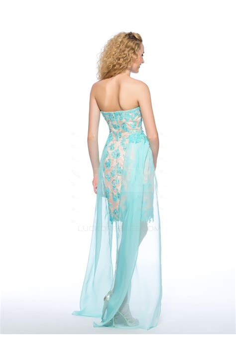 High Low Sweetheart Beaded Lace Applique Blue Prom Evening