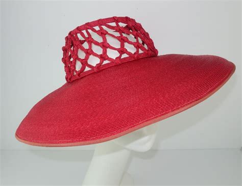 1930s Lipstick Red Wide Brim Straw Hat With Cage Crown At