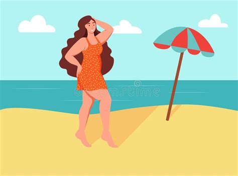Young Curvy Woman On The Beach Body Positive Self Love Flat Cartoon
