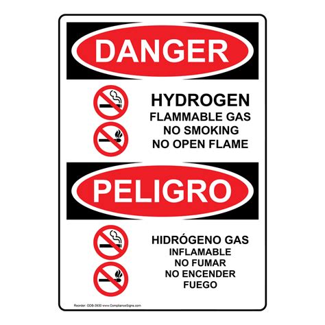 Vertical Hydrogen Flammable Gas No Smoking Bilingual Sign Osha Danger