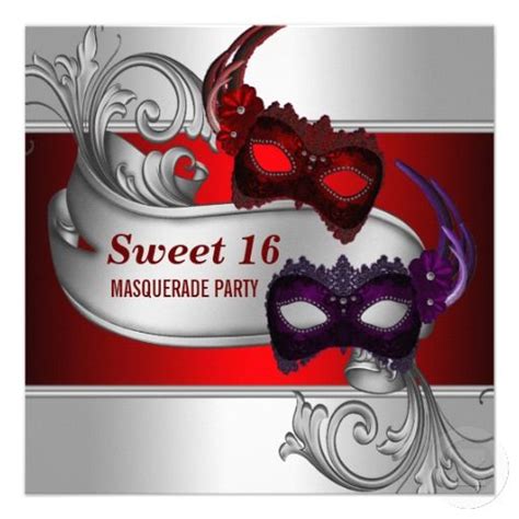 two masquerade masks are on top of a silver and red banner that says sweet 16