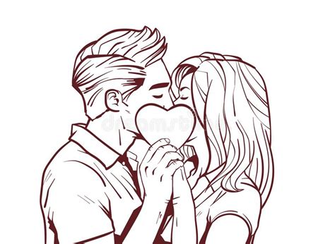 Sketch Beautiful Couple Kiss Holding Heart Shape In Hands Over White