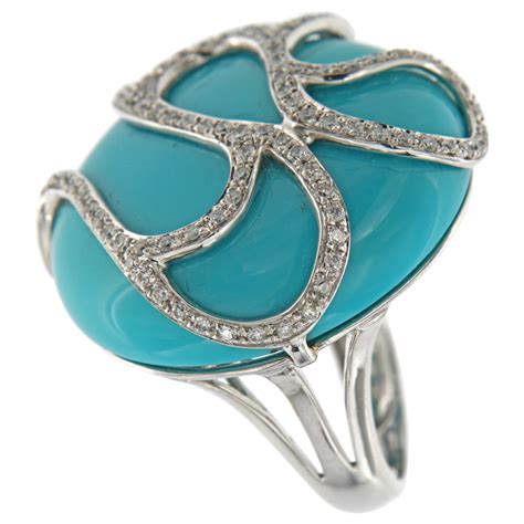 Ct Huge Sleeping Beauty Turquoise Ring With Diamonds In K White