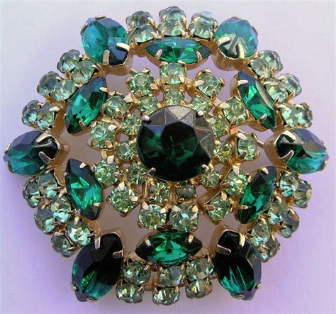 Huge Vintage Marquis Rhinestone Brooch Pin Prong Set Glass Domed Green Navette Prong Setting