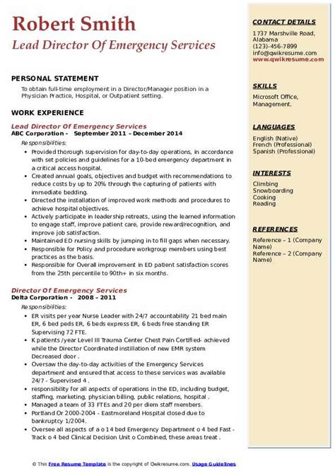 The sample below is for a emergency management resume. Director Of Emergency Services Resume Samples | QwikResume