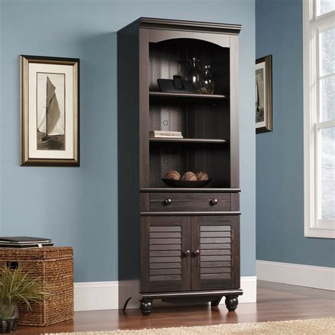 Sauder Harbor View Library Bookcase With Doors In Distressed Antiqued
